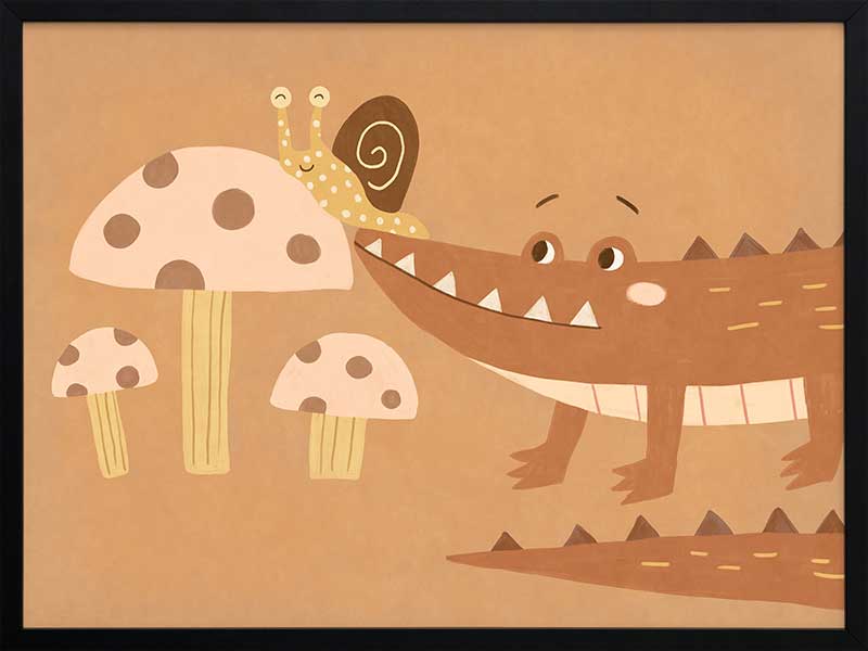 A smiling crocodile meets a curious snail among large mushrooms in warm brown-orange tones, from the Little Tails Collection by Urban Road.