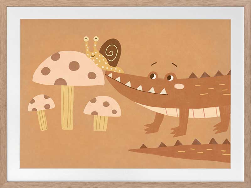 A smiling crocodile meets a curious snail among large mushrooms in warm brown-orange tones, from the Little Tails Collection by Urban Road.