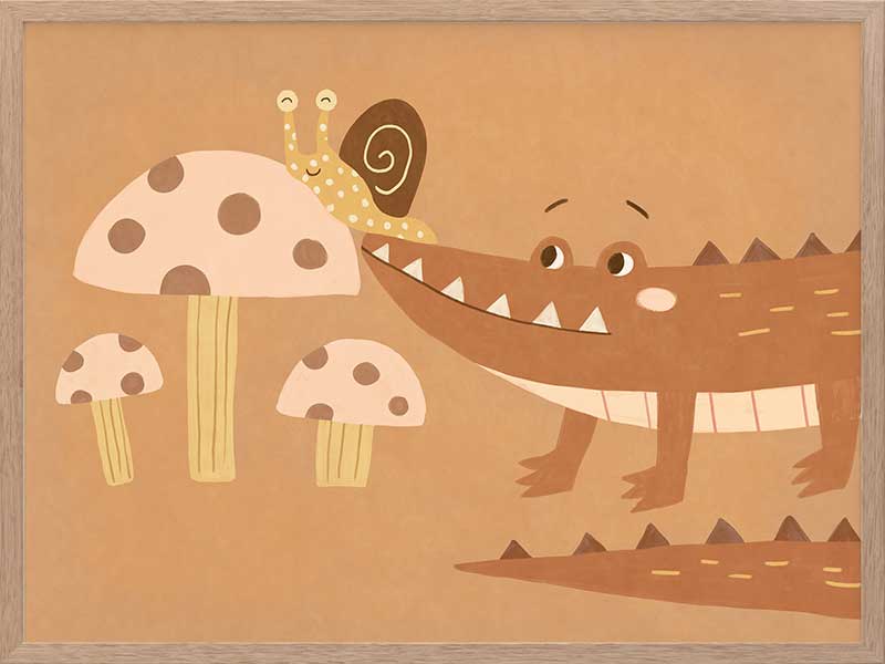 A smiling crocodile meets a curious snail among large mushrooms in warm brown-orange tones, from the Little Tails Collection by Urban Road.