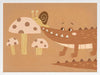 A smiling crocodile meets a curious snail among large mushrooms in warm brown-orange tones, from the Little Tails Collection by Urban Road.