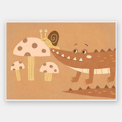 A smiling crocodile meets a curious snail among large mushrooms in warm brown-orange tones, from the Little Tails Collection by Urban Road.