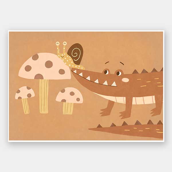 A smiling crocodile meets a curious snail among large mushrooms in warm brown-orange tones, from the Little Tails Collection by Urban Road.
