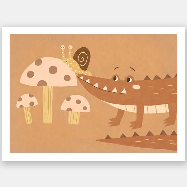 A smiling crocodile meets a curious snail among large mushrooms in warm brown-orange tones, from the Little Tails Collection by Urban Road.