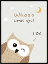 A sweet owl beneath a crescent moon and stars with the message “whooo loves you? i do!” in soft greys and browns, from the Little Tails Collection by Urban Road.