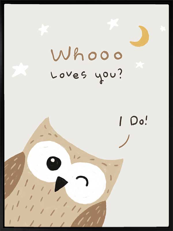 A sweet owl beneath a crescent moon and stars with the message “whooo loves you? i do!” in soft greys and browns, from the Little Tails Collection by Urban Road.