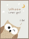 A sweet owl beneath a crescent moon and stars with the message “whooo loves you? i do!” in soft greys and browns, from the Little Tails Collection by Urban Road.