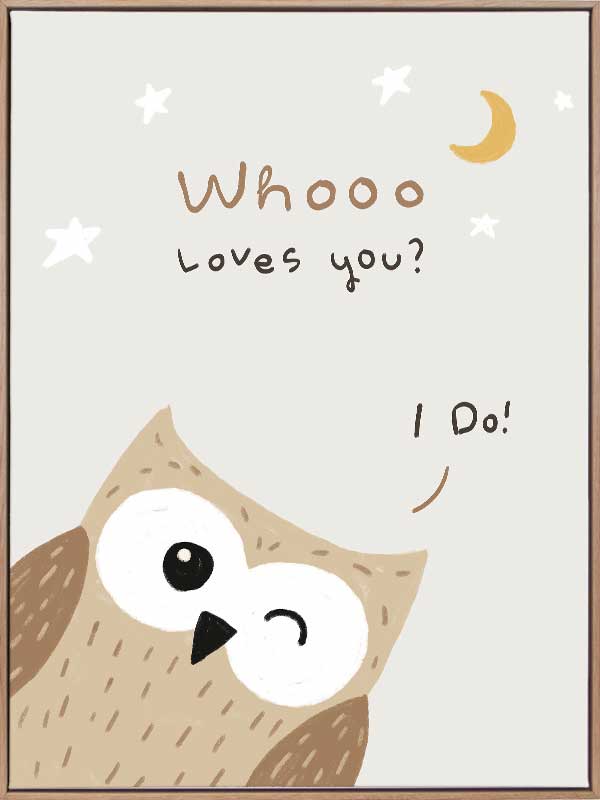 A sweet owl beneath a crescent moon and stars with the message “whooo loves you? i do!” in soft greys and browns, from the Little Tails Collection by Urban Road.