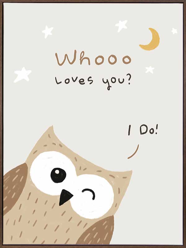 A sweet owl beneath a crescent moon and stars with the message “whooo loves you? i do!” in soft greys and browns, from the Little Tails Collection by Urban Road.