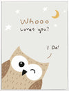 A sweet owl beneath a crescent moon and stars with the message “whooo loves you? i do!” in soft greys and browns, from the Little Tails Collection by Urban Road.