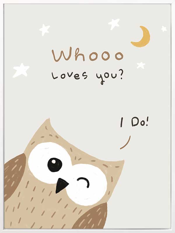 A sweet owl beneath a crescent moon and stars with the message “whooo loves you? i do!” in soft greys and browns, from the Little Tails Collection by Urban Road.