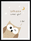 A sweet owl beneath a crescent moon and stars with the message “whooo loves you? i do!” in soft greys and browns, from the Little Tails Collection by Urban Road.