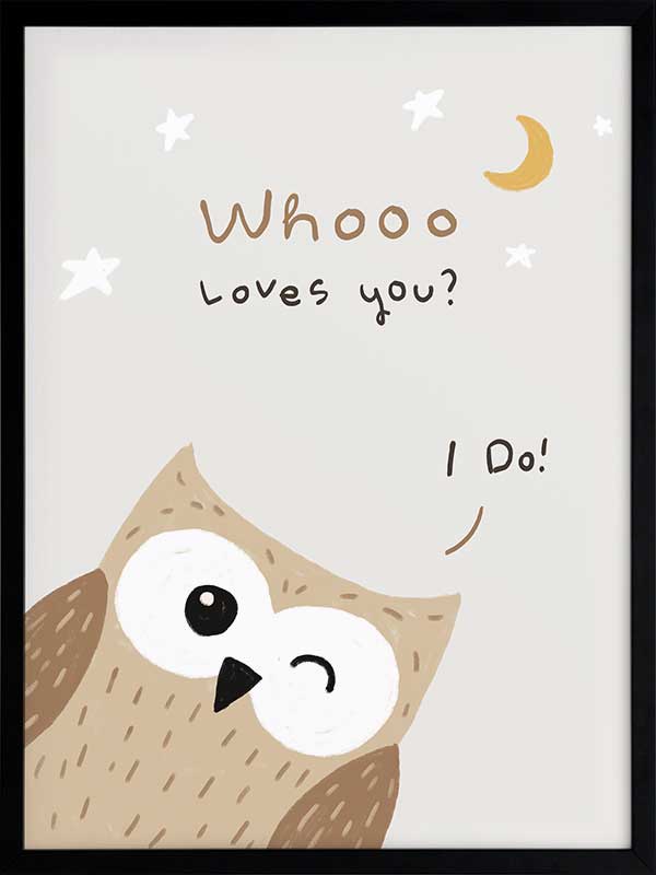 A sweet owl beneath a crescent moon and stars with the message “whooo loves you? i do!” in soft greys and browns, from the Little Tails Collection by Urban Road.
