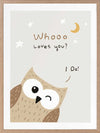 A sweet owl beneath a crescent moon and stars with the message “whooo loves you? i do!” in soft greys and browns, from the Little Tails Collection by Urban Road.
