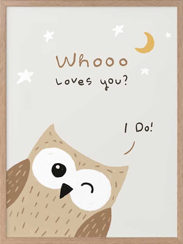 A sweet owl beneath a crescent moon and stars with the message “whooo loves you? i do!” in soft greys and browns, from the Little Tails Collection by Urban Road.