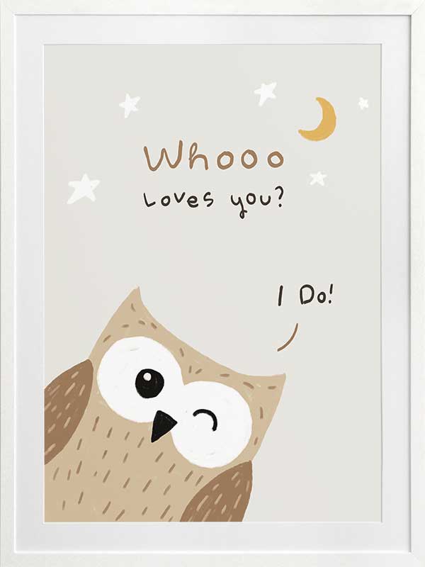 A sweet owl beneath a crescent moon and stars with the message “whooo loves you? i do!” in soft greys and browns, from the Little Tails Collection by Urban Road.