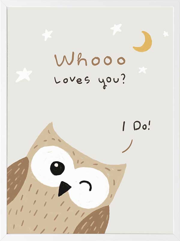A sweet owl beneath a crescent moon and stars with the message “whooo loves you? i do!” in soft greys and browns, from the Little Tails Collection by Urban Road.