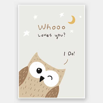 A sweet owl beneath a crescent moon and stars with the message “whooo loves you? i do!” in soft greys and browns, from the Little Tails Collection by Urban Road.