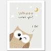 A sweet owl beneath a crescent moon and stars with the message “whooo loves you? i do!” in soft greys and browns, from the Little Tails Collection by Urban Road.