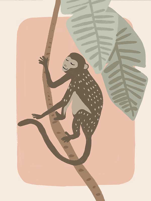 A playful monkey climbs a branch among big jungle leaves on a pink pastel backdrop, from the Little Tails Collection by Urban Road.