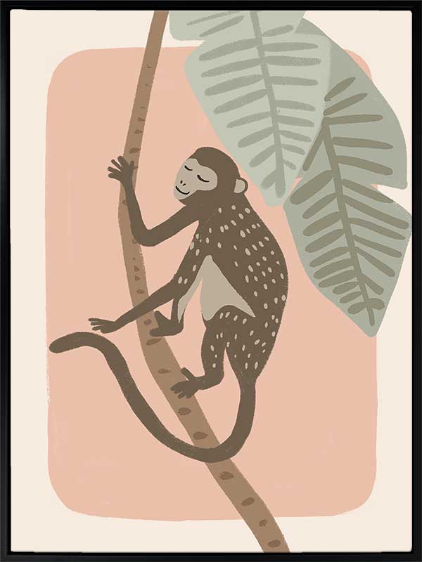 A playful monkey climbs a branch among big jungle leaves on a pink pastel backdrop, from the Little Tails Collection by Urban Road.