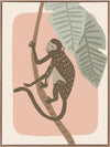 A playful monkey climbs a branch among big jungle leaves on a pink pastel backdrop, from the Little Tails Collection by Urban Road.