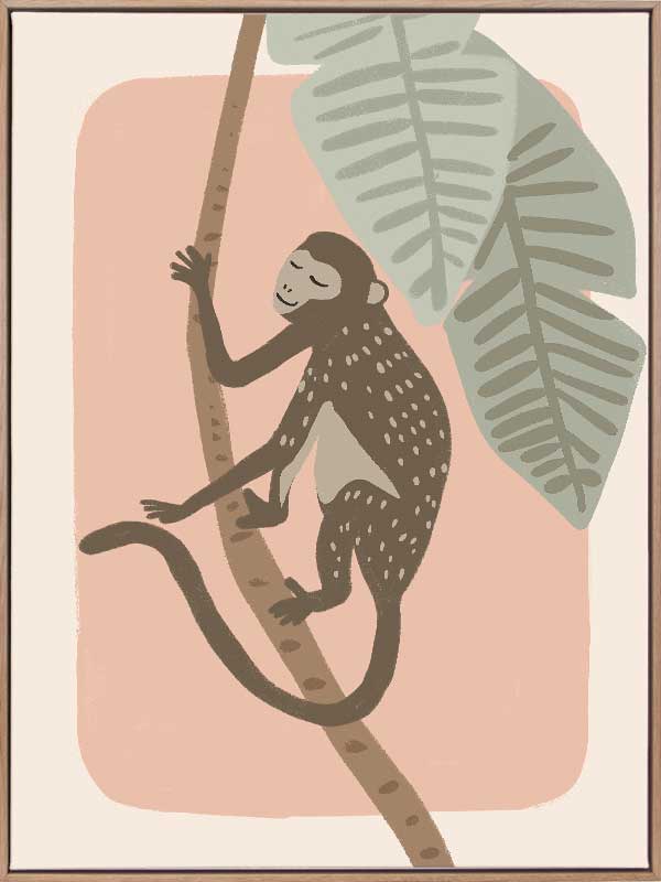 A playful monkey climbs a branch among big jungle leaves on a pink pastel backdrop, from the Little Tails Collection by Urban Road.