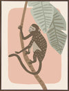 A playful monkey climbs a branch among big jungle leaves on a pink pastel backdrop, from the Little Tails Collection by Urban Road.
