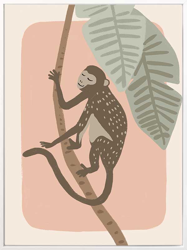 A playful monkey climbs a branch among big jungle leaves on a pink pastel backdrop, from the Little Tails Collection by Urban Road.