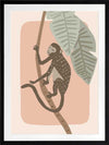 A playful monkey climbs a branch among big jungle leaves on a pink pastel backdrop, from the Little Tails Collection by Urban Road.