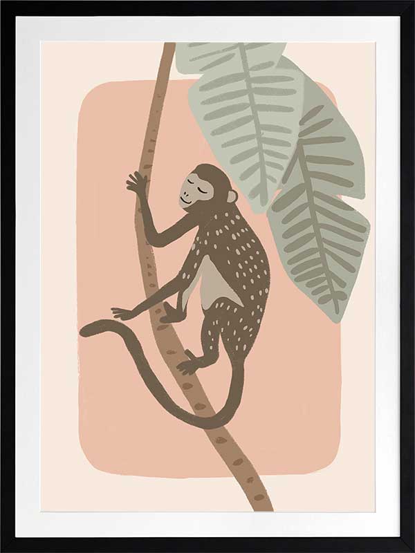 A playful monkey climbs a branch among big jungle leaves on a pink pastel backdrop, from the Little Tails Collection by Urban Road.