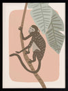 A playful monkey climbs a branch among big jungle leaves on a pink pastel backdrop, from the Little Tails Collection by Urban Road.