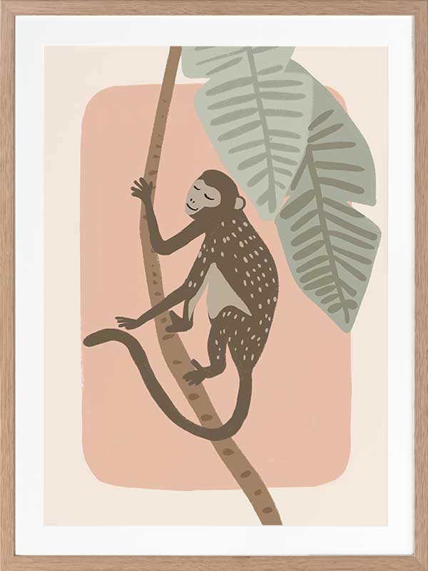 A playful monkey climbs a branch among big jungle leaves on a pink pastel backdrop, from the Little Tails Collection by Urban Road.