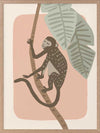 A playful monkey climbs a branch among big jungle leaves on a pink pastel backdrop, from the Little Tails Collection by Urban Road.
