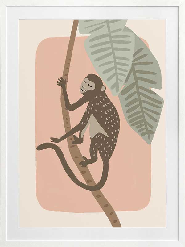 A playful monkey climbs a branch among big jungle leaves on a pink pastel backdrop, from the Little Tails Collection by Urban Road.