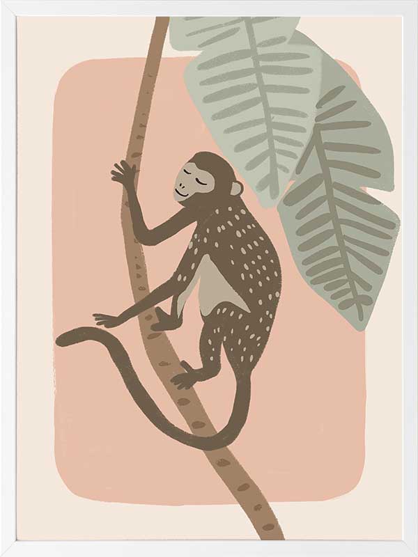 A playful monkey climbs a branch among big jungle leaves on a pink pastel backdrop, from the Little Tails Collection by Urban Road.