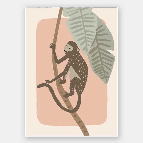 A playful monkey climbs a branch among big jungle leaves on a pink pastel backdrop, from the Little Tails Collection by Urban Road.
