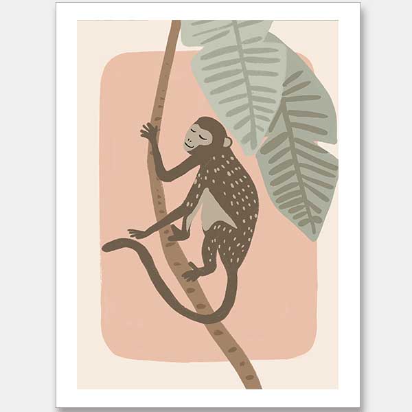 A playful monkey climbs a branch among big jungle leaves on a pink pastel backdrop, from the Little Tails Collection by Urban Road.