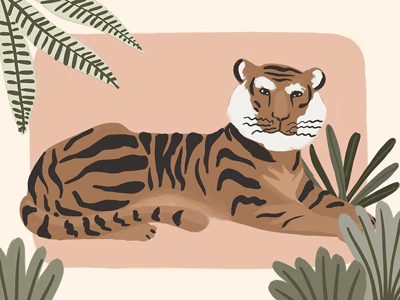 A relaxed tiger lounges among leafy jungle plants in soft pink and brown tones, from the Little Tails Collection by Urban Road.