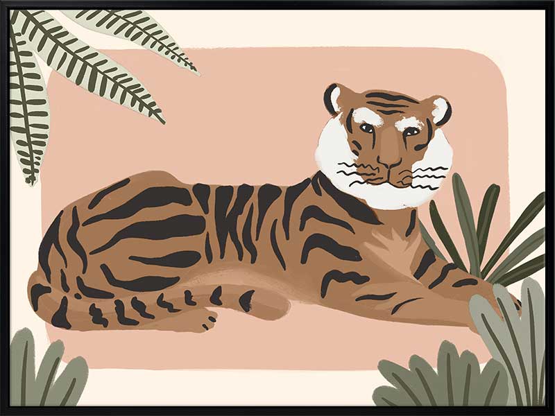 A relaxed tiger lounges among leafy jungle plants in soft pink and brown tones, from the Little Tails Collection by Urban Road.