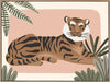 A relaxed tiger lounges among leafy jungle plants in soft pink and brown tones, from the Little Tails Collection by Urban Road.