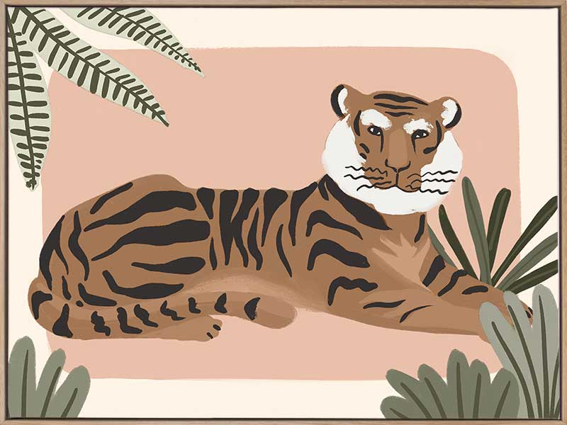 A relaxed tiger lounges among leafy jungle plants in soft pink and brown tones, from the Little Tails Collection by Urban Road.