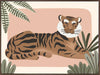 A relaxed tiger lounges among leafy jungle plants in soft pink and brown tones, from the Little Tails Collection by Urban Road.