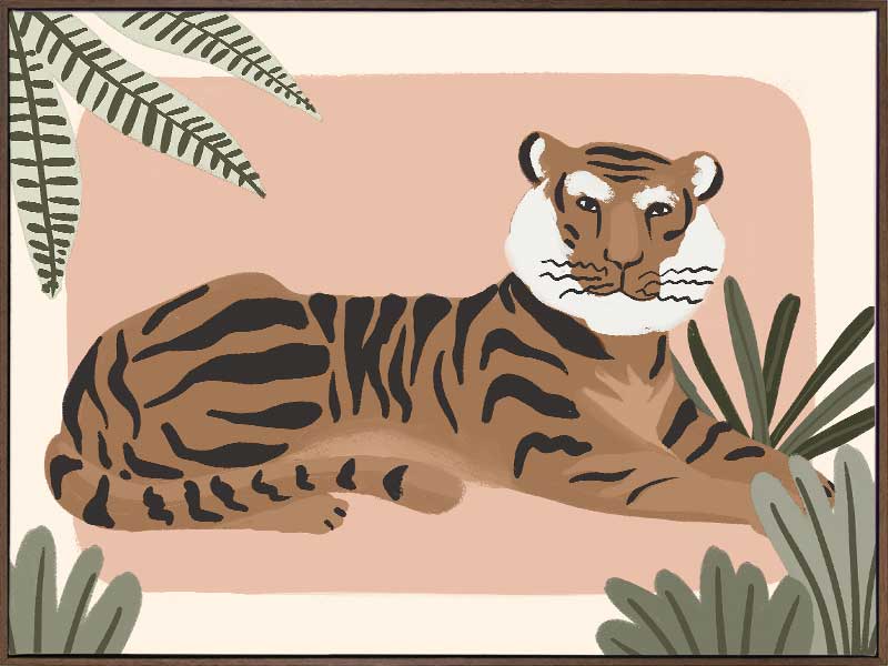 A relaxed tiger lounges among leafy jungle plants in soft pink and brown tones, from the Little Tails Collection by Urban Road.