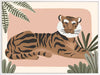 A relaxed tiger lounges among leafy jungle plants in soft pink and brown tones, from the Little Tails Collection by Urban Road.