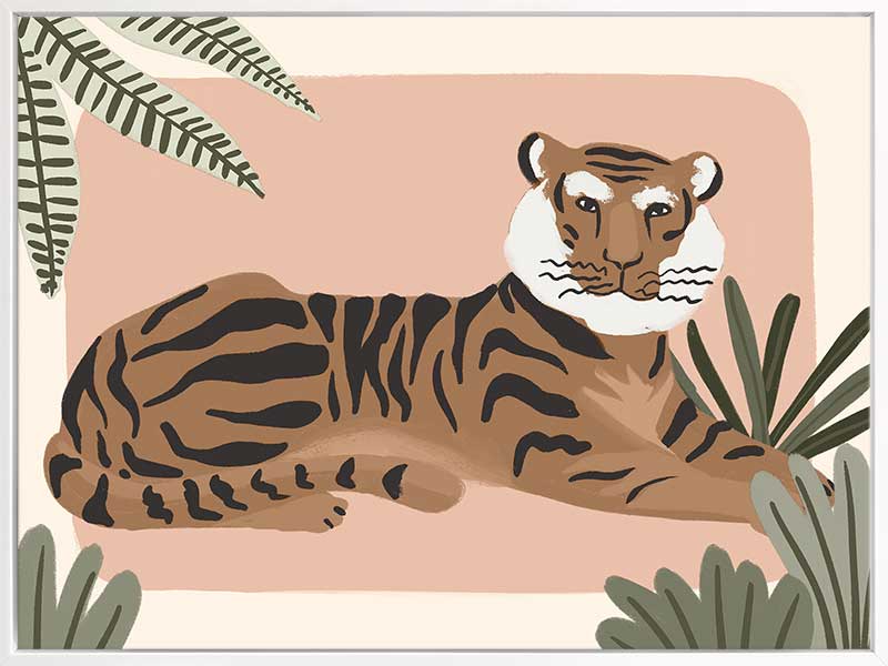 A relaxed tiger lounges among leafy jungle plants in soft pink and brown tones, from the Little Tails Collection by Urban Road.