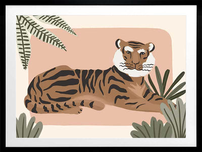 A relaxed tiger lounges among leafy jungle plants in soft pink and brown tones, from the Little Tails Collection by Urban Road.
