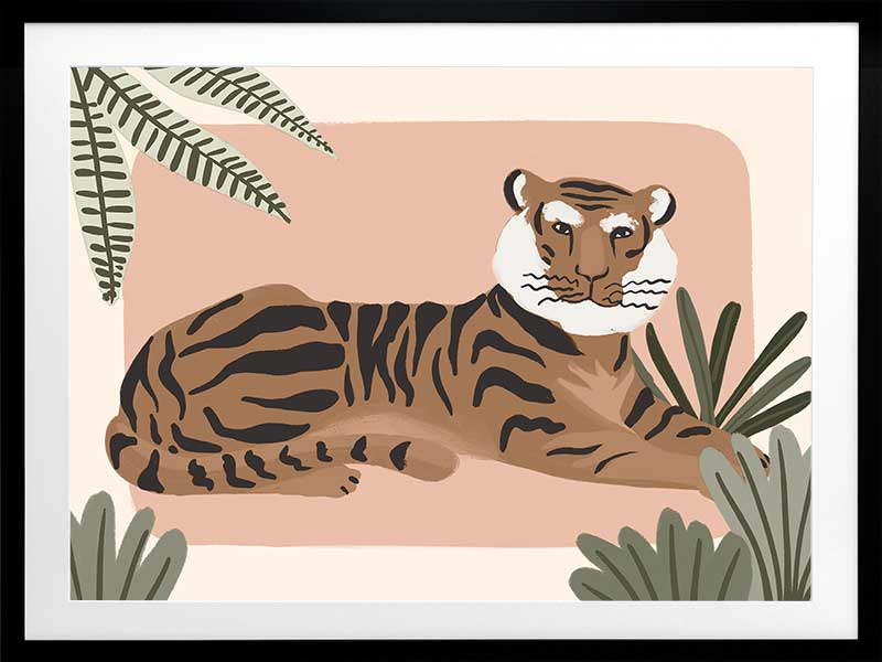 A relaxed tiger lounges among leafy jungle plants in soft pink and brown tones, from the Little Tails Collection by Urban Road.
