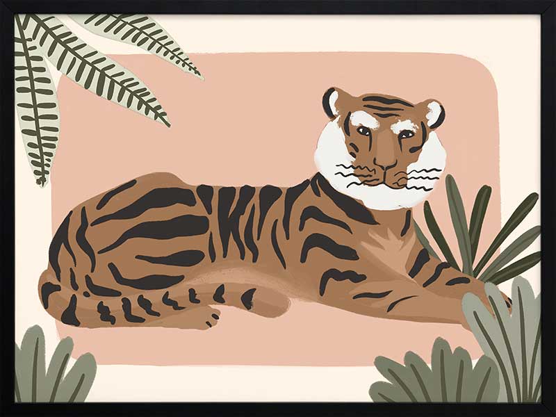 A relaxed tiger lounges among leafy jungle plants in soft pink and brown tones, from the Little Tails Collection by Urban Road.