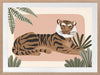 A relaxed tiger lounges among leafy jungle plants in soft pink and brown tones, from the Little Tails Collection by Urban Road.