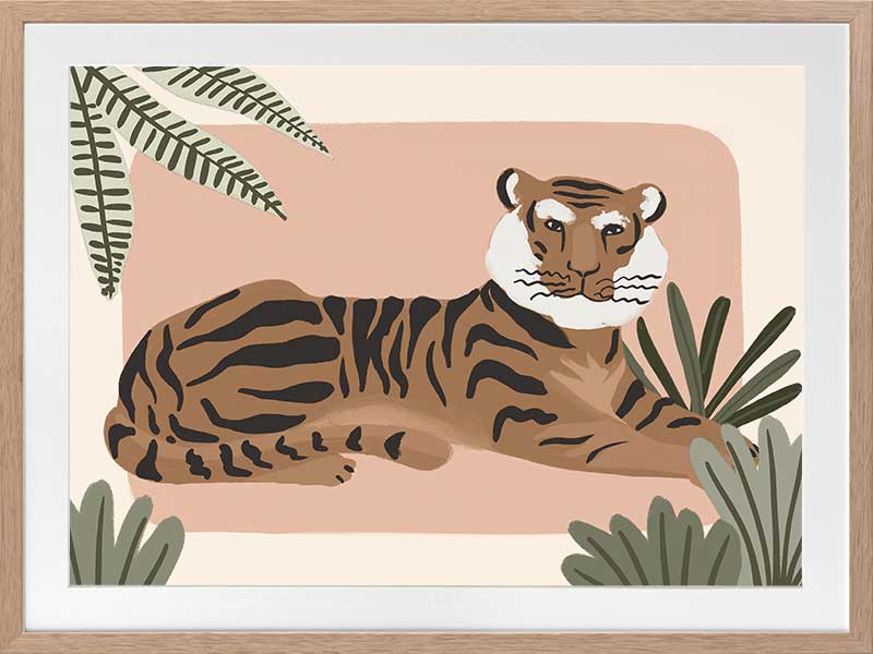 A relaxed tiger lounges among leafy jungle plants in soft pink and brown tones, from the Little Tails Collection by Urban Road.